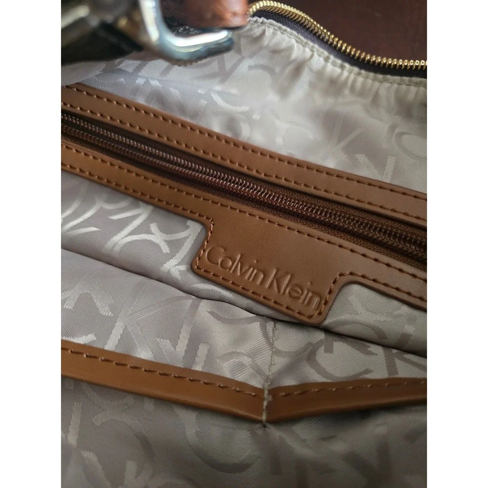 Calvin Klein Brown Monogram Logo Hobo Shoulder Bag Gold Hardware Large